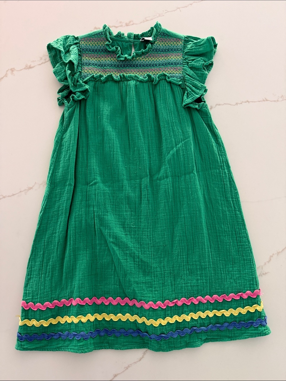 crown & ivy Green Ruffle Smocked Dress with Pink, Yellow & Blue Trim